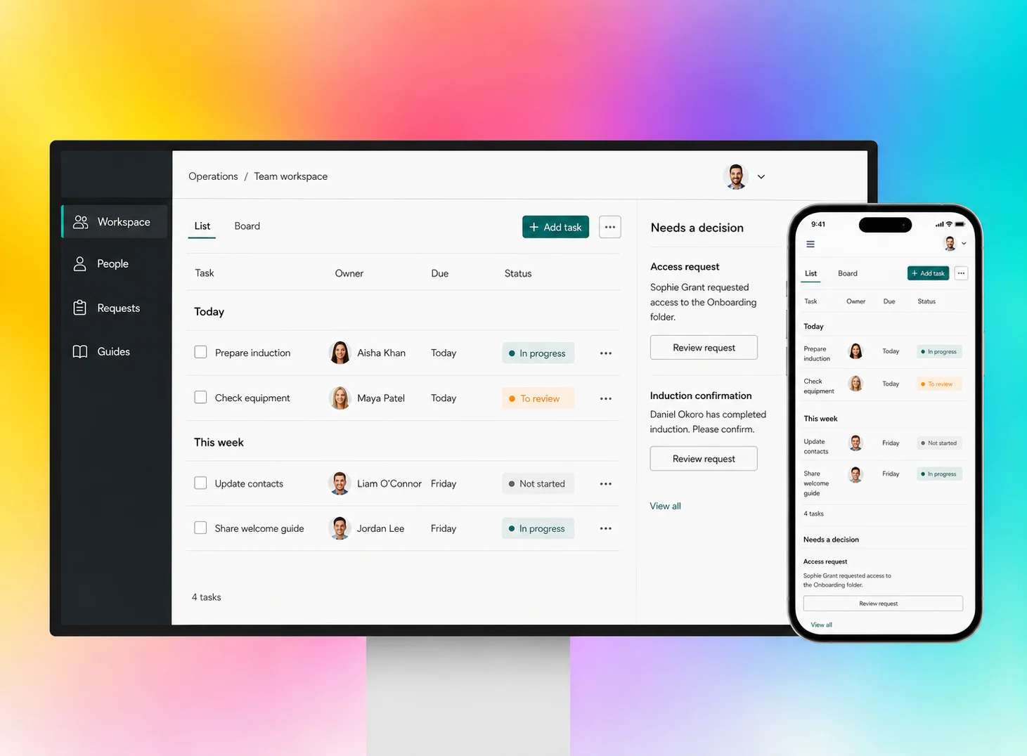 Illustrative staff workspace with task owners and manager decisions on desktop and mobile against a multicolor gradient