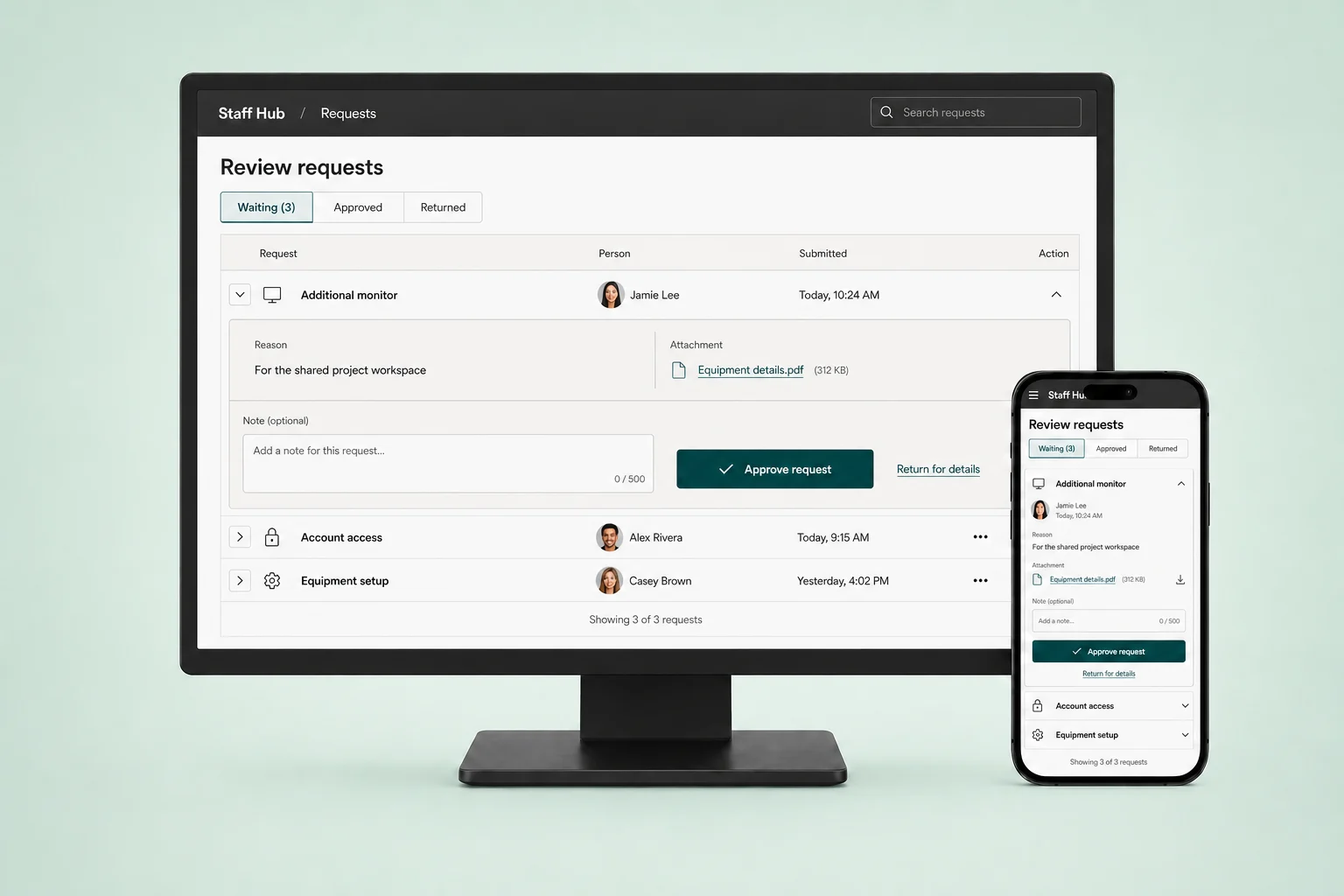 Illustrative approval register with request details and review actions on desktop and mobile