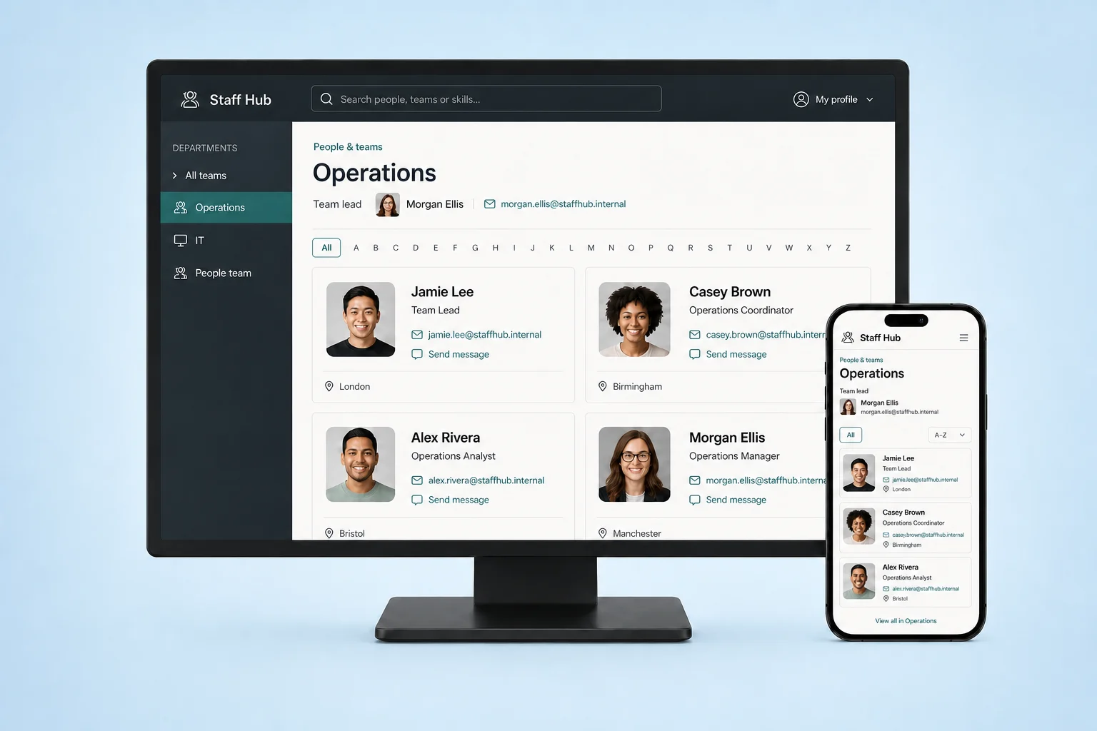 Illustrative staff directory with department navigation and colleague profiles on desktop and mobile