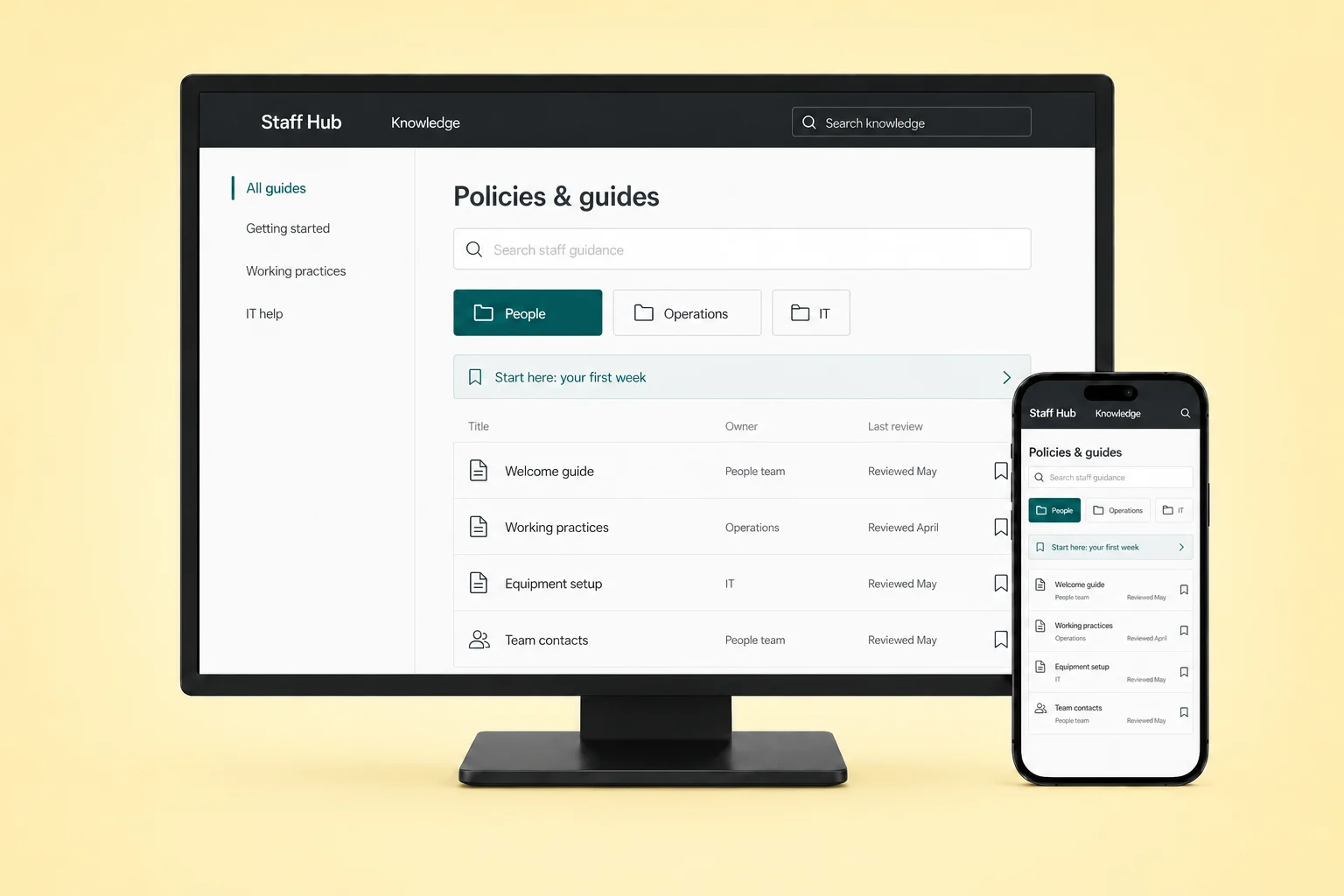 Illustrative staff guide library with search and document owners on desktop and mobile