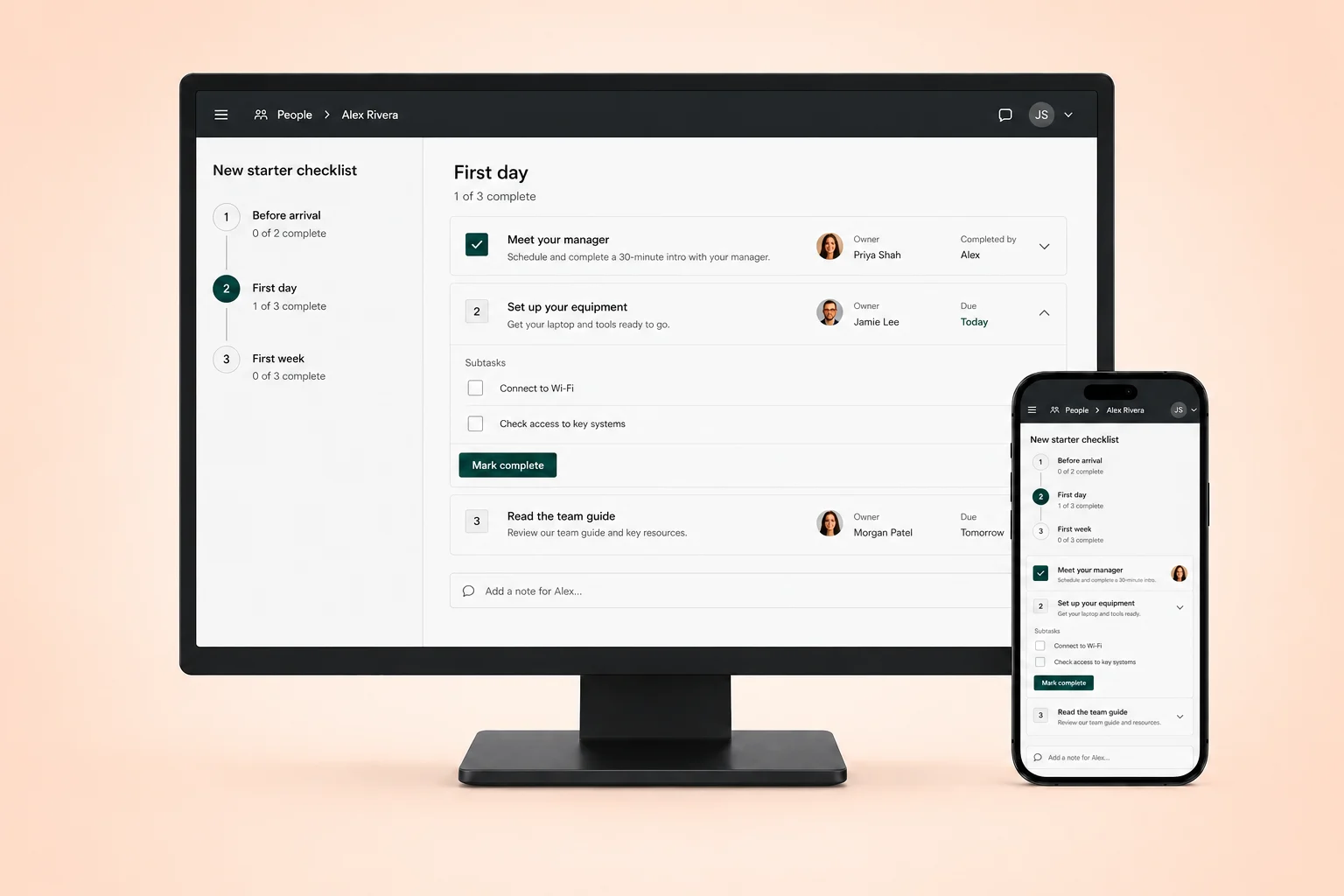 Illustrative staged onboarding checklist with task owners and equipment setup on desktop and mobile