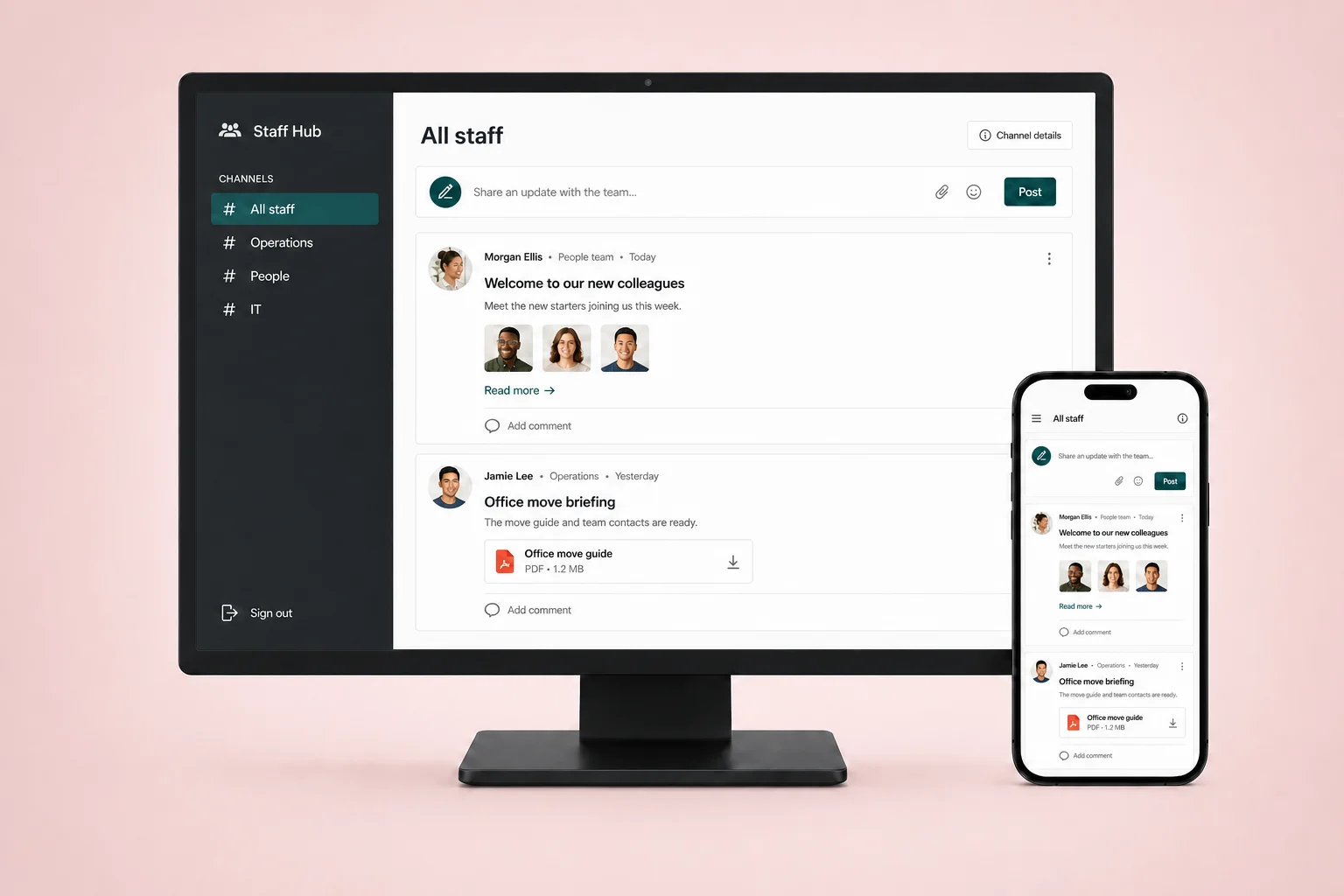 Illustrative team channel feed with colleague introductions and attached guidance on desktop and mobile