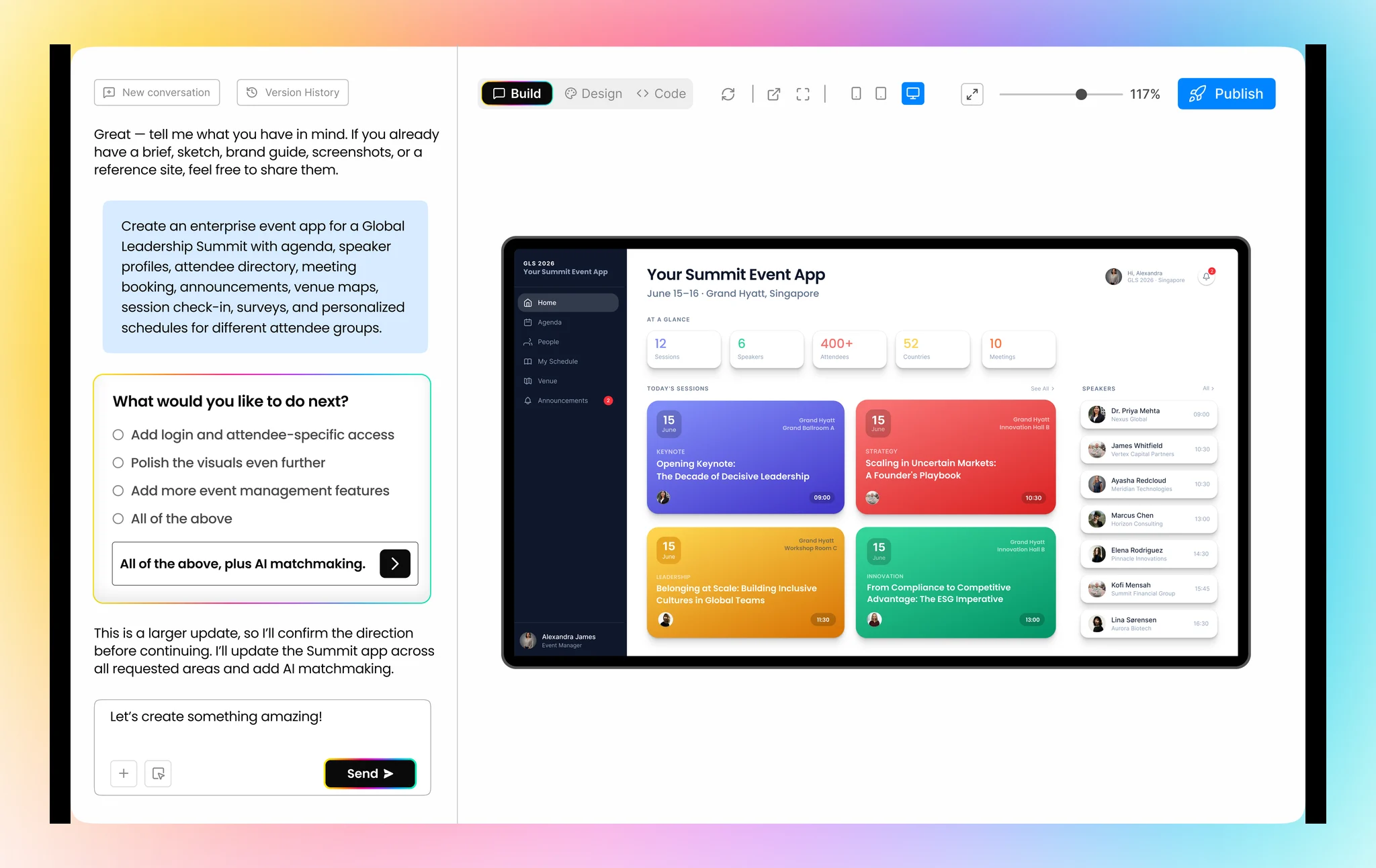 Fliplet AI builder generating an app with review and publishing controls