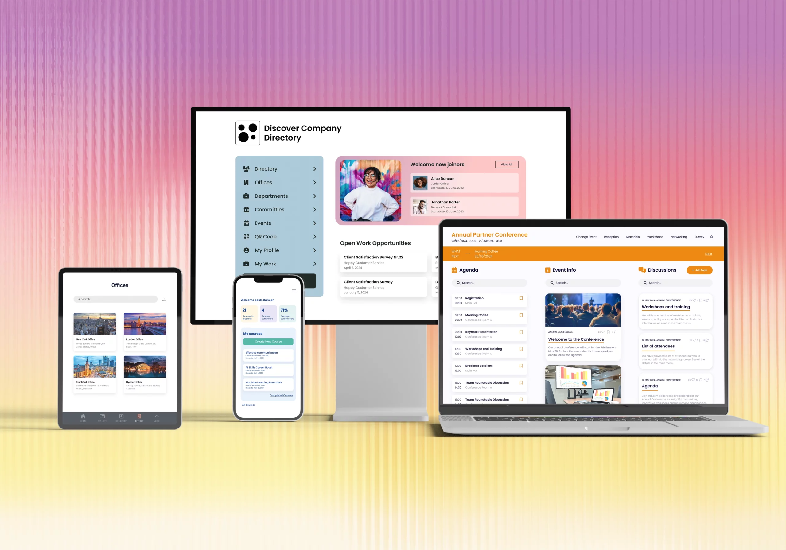 Fliplet apps shown across desktop, tablet, and mobile screens