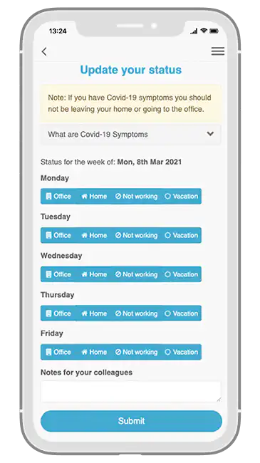Hoteling software check-in and check-out screen