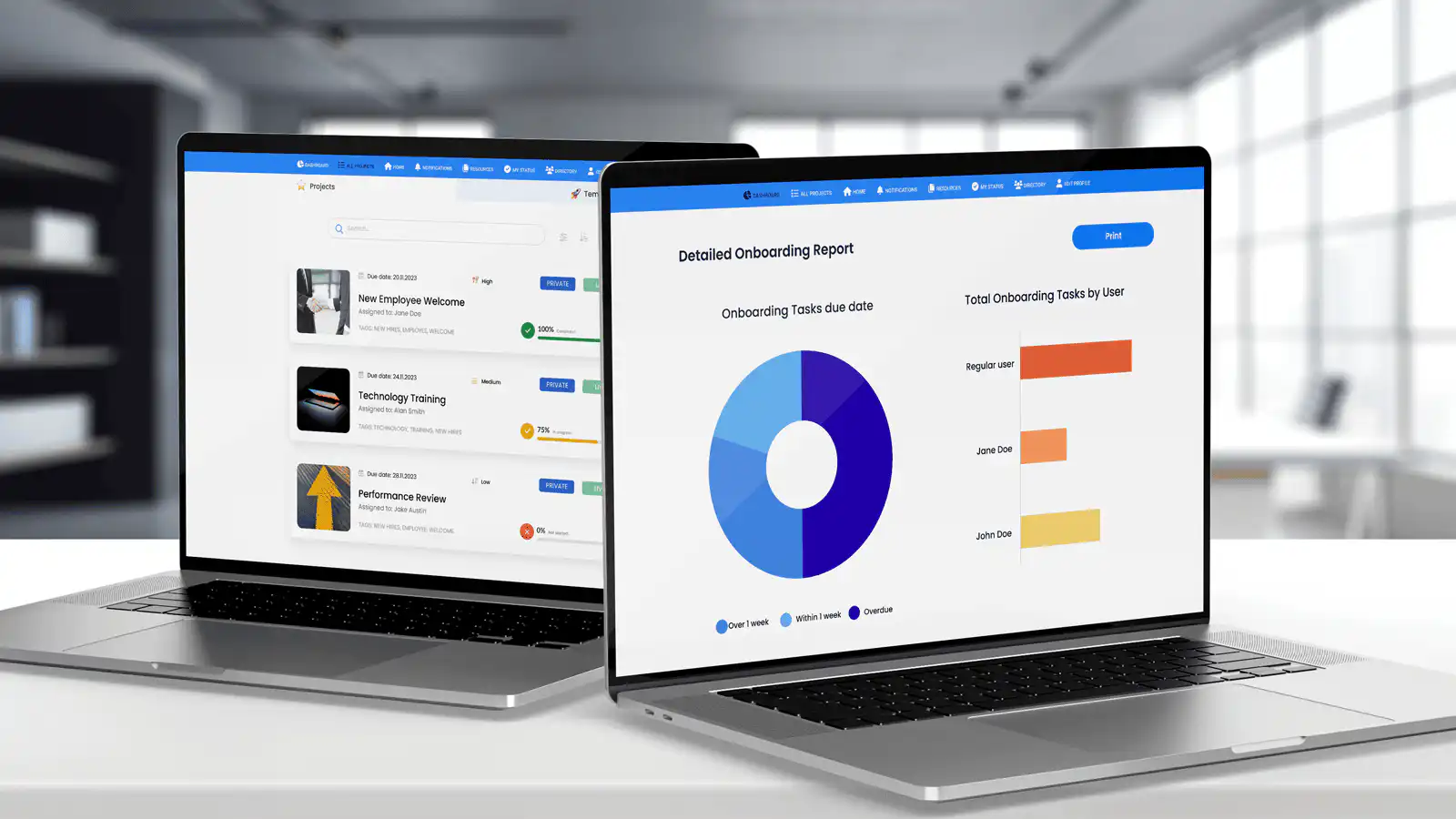Dashboard and projects screens