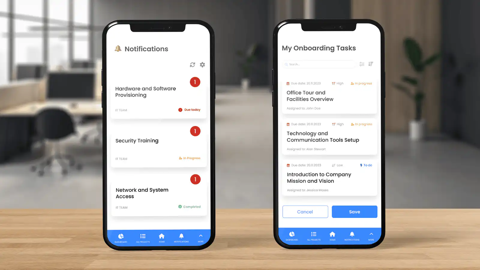 Onboarding tasks and notifications screens