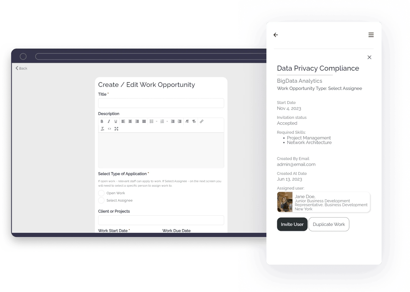 Work opportunity management screen