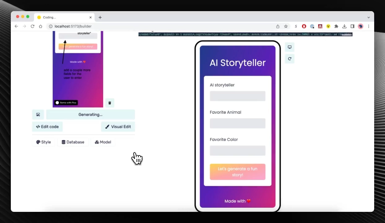Screenshot of the Pico AI app builder interface